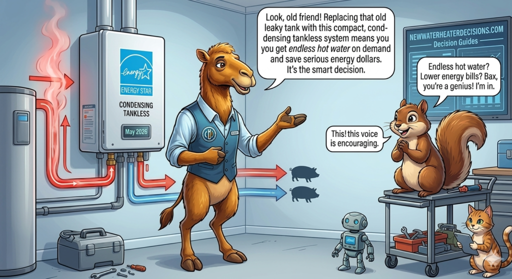 Bax, our camel mascot, explains the benefits of gas tankless water heaters