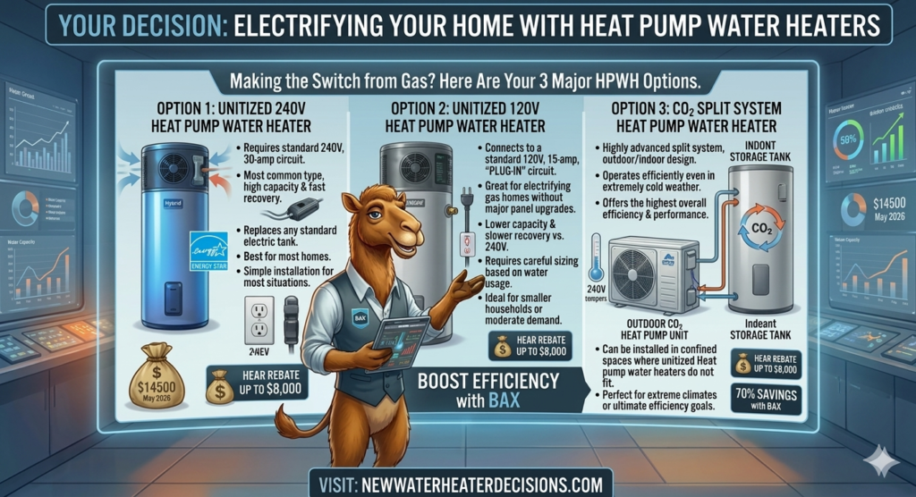 Bax, our HPWH mascot, explains the 3 types of HPWH to decarbonize